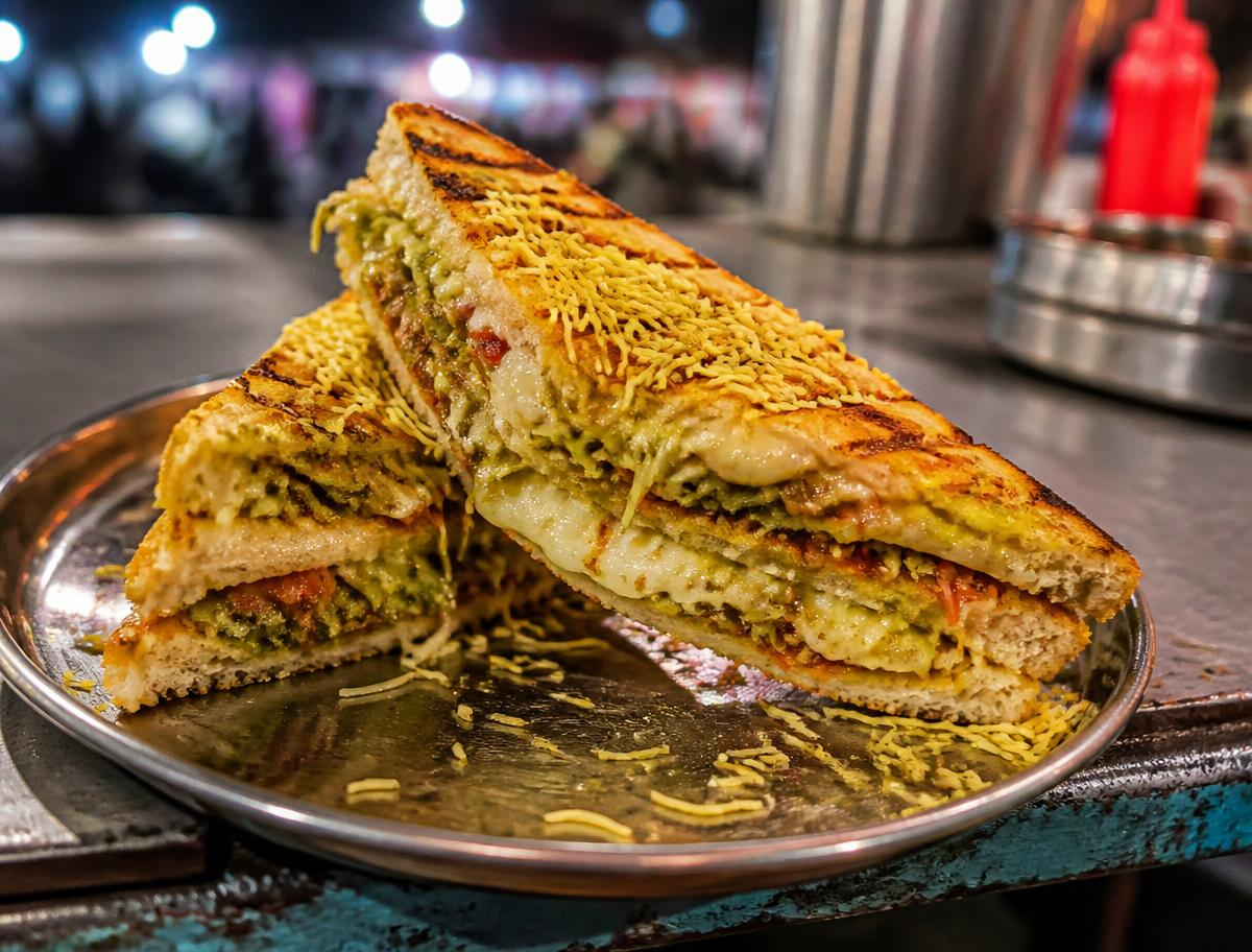 Grilled street sandwich with cheese and sev